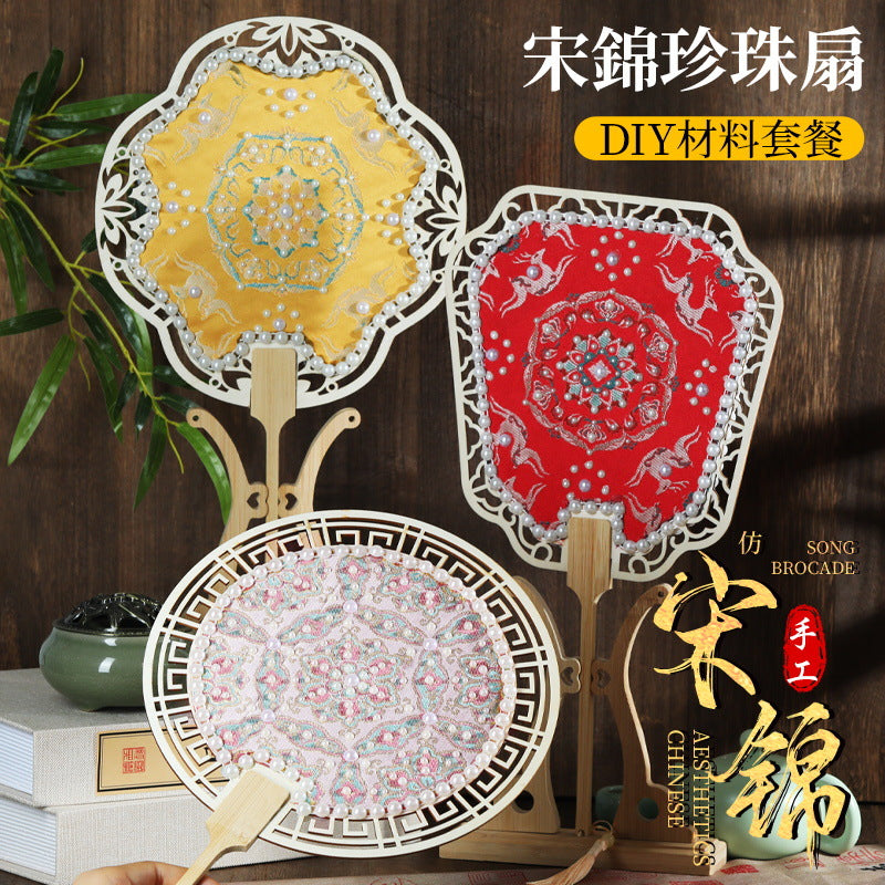 Artisan Crafted Handmade DIY Kit Fan Oriental Zen Silk Fan Pearl Song Brocade