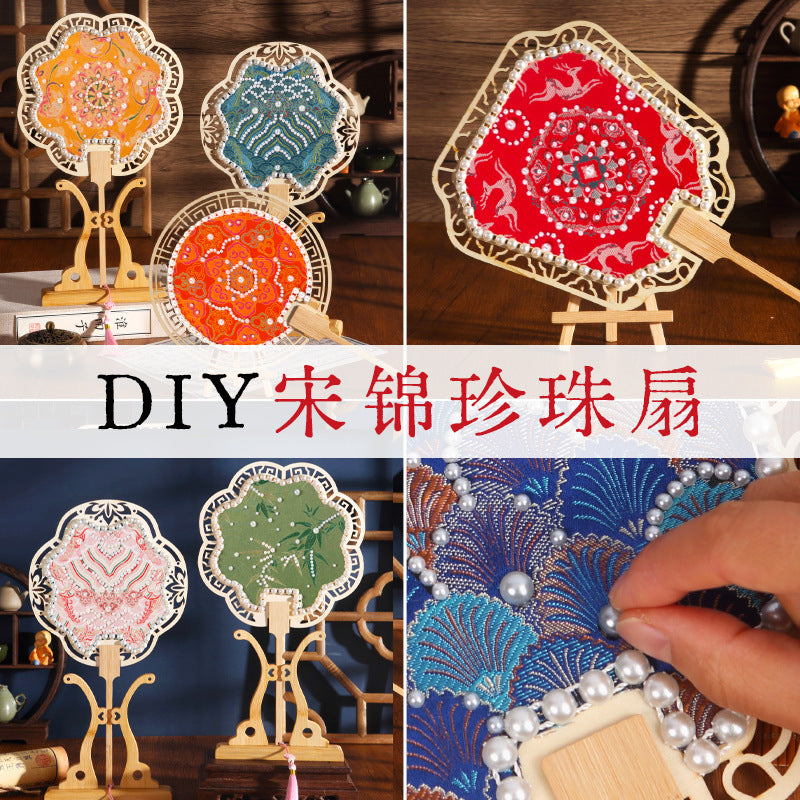 Artisan Crafted Handmade DIY Kit Traditional DIY Gift Oriental Zen Silk Fan Pearl Song Brocade